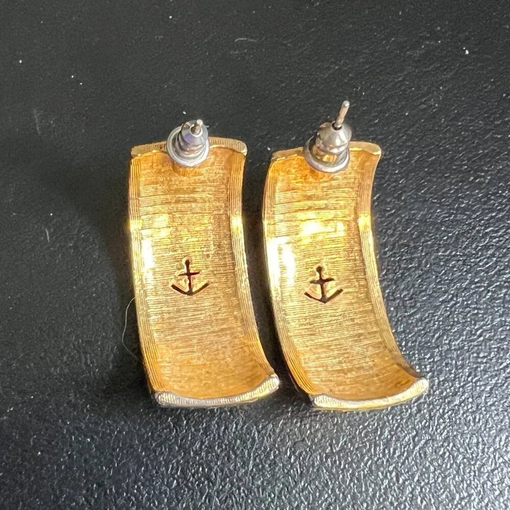 Vintage Nautical Pierced Earrings Anchor Blue Enamel Gold Tone‎ Half Hoops